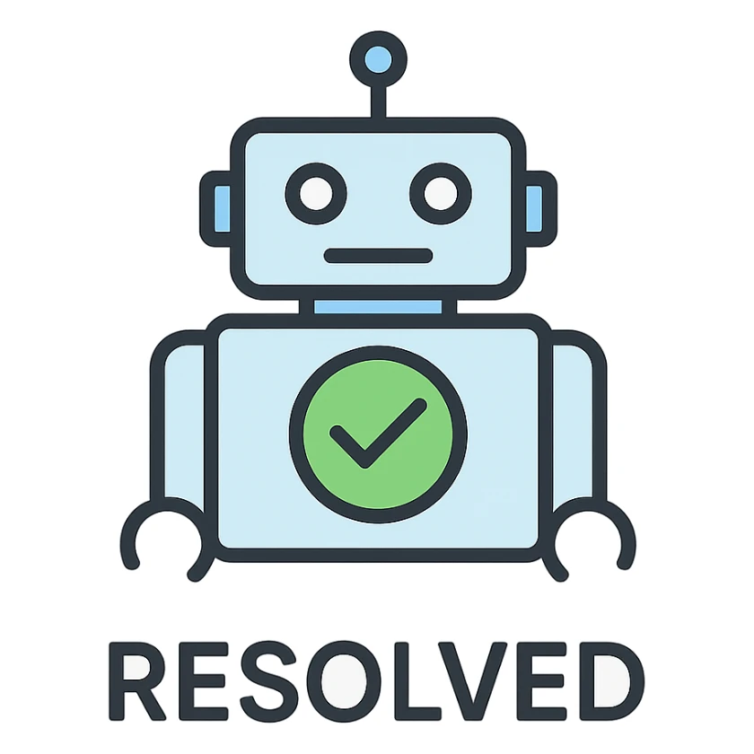 colorful outlined icon style robot with a green check mark on its chest and 'RESOLVED' written below in a bold sans-serif font sticker