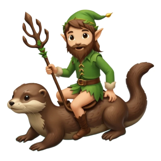 tiny forest elf man long brown hair beard riding an otter sticker