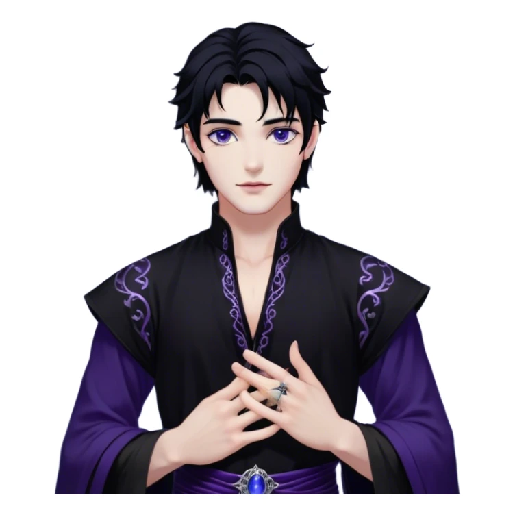A strikingly handsome High Fae male with midnight-black hair, piercing violet eyes that glow under the moonlight. His lips curve into a knowing smirk, revealing a dangerous charm. He wears an elegant black tunic with silver embroidery, the fabric flowing like liquid shadow. A silver ring glints on his long fingers, and faint wisps of darkness swirl around his shoulders like living mist sticker