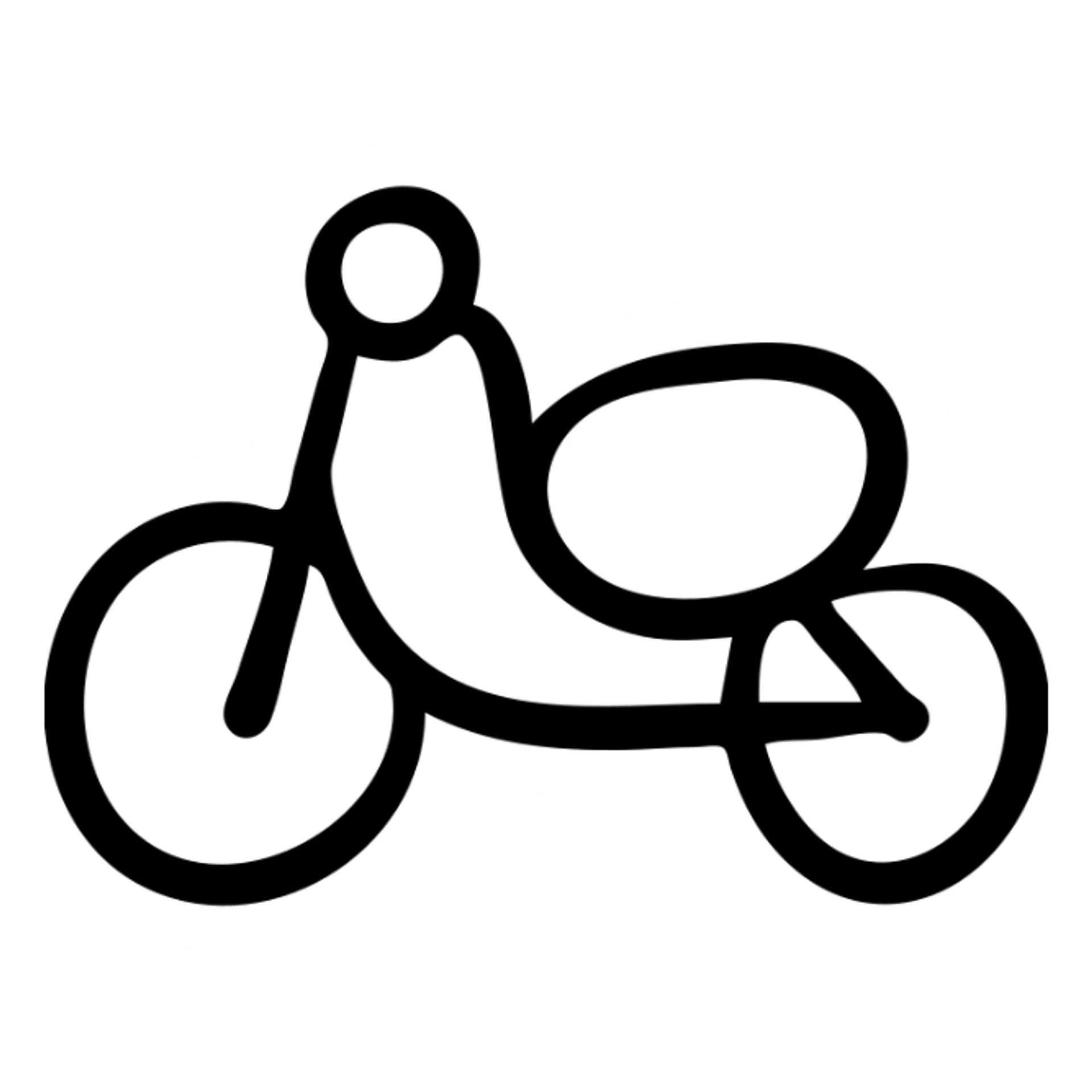 Hand-drawn motorcycle, simple side view with visible wheels, handlebars, and seat sticker