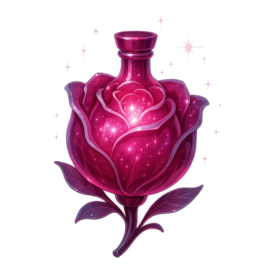 rose-shaped luxurious elixir bottle, deep pink color, iridescent and silver details, ultra intense magical glowing and sparkling effects, very small neck, seamless bottom, transparent background, floating, no base or shadow, modern, matching a collection sticker
