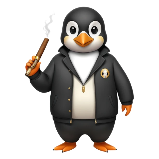 friendly anthropomorphised penguin wearing a mafia-style tracksuit, holding a cigar, secretive scheming pose, soprano vibe sticker