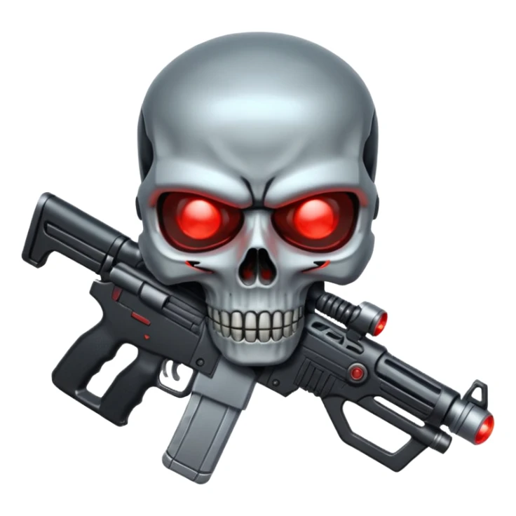 Sci-fi shield badge, terminator style skull, glowing red eyes, crossed futuristic assault rifle and energy sword, no background sticker