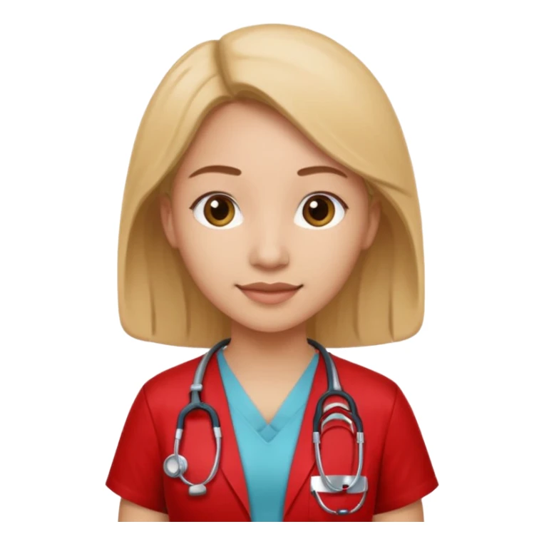 Medical assistant wearing redish scrubs with sethscope  sticker