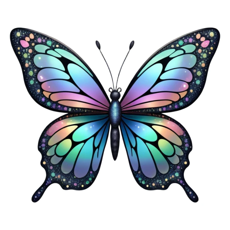 Pastel sparkly black glittery iridescent rainbow transparent butterfly with detailed intricate patterns sticker