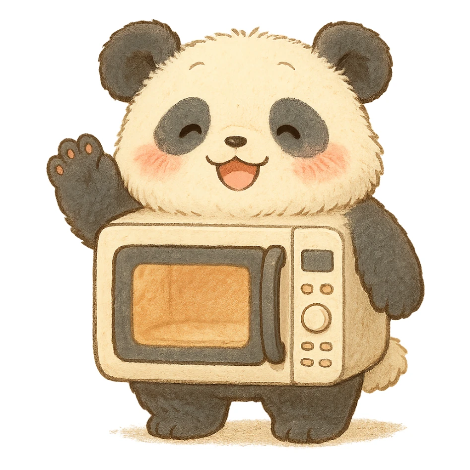 chibi-style microwave oven transformed into a soft, fluffy panda, blushing and waving happily, soft pastel colors, full-body sticker