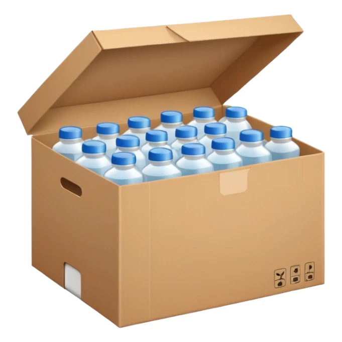 white transparent plastic bottles popping out of a delivery cardboard box sticker