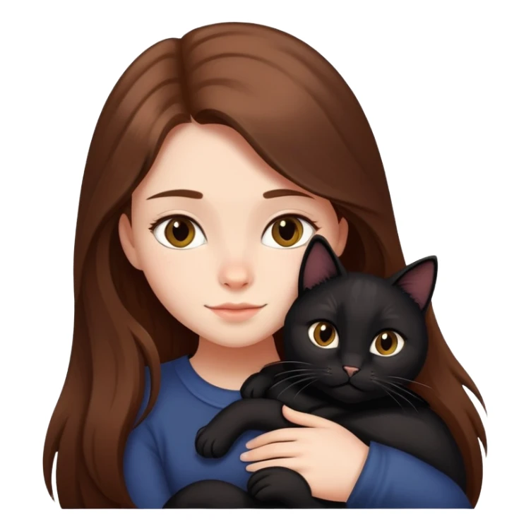 A girl with long brown hair hugs a black cat tightly sticker