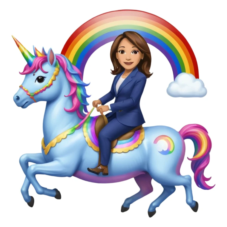 Kamala Harris and donald trump riding a rainbow unicorn sticker