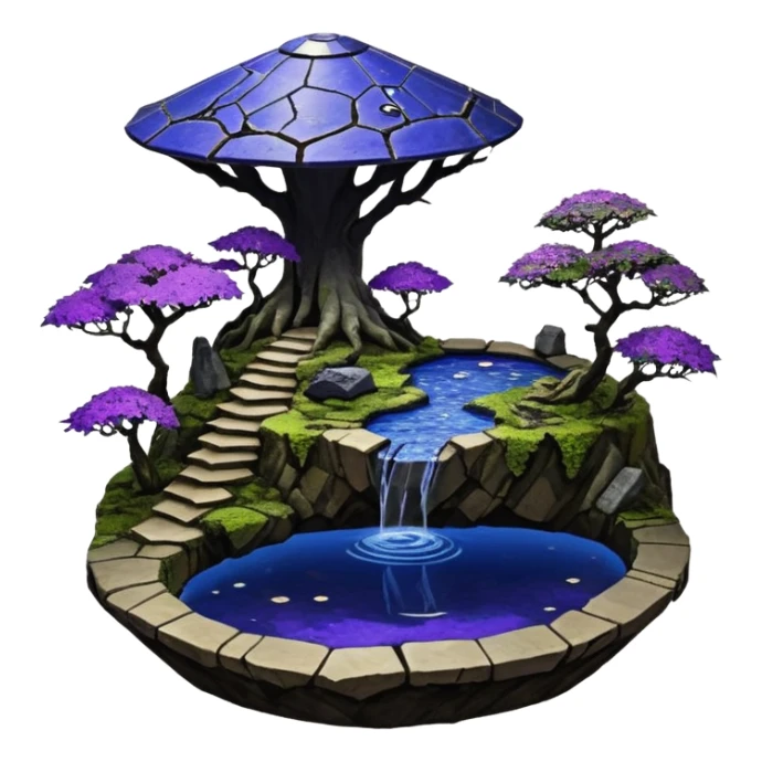 Crashed Alien saucer pool-castle jungle winding footpath mountainside getaway haunted nighttime landscape antique mudman very old broken cracked intricate Stone Age lapis-crusted irregular dodecagon-shaped shallow dark moss rough bark violet flowered maple tree bonsai sticker