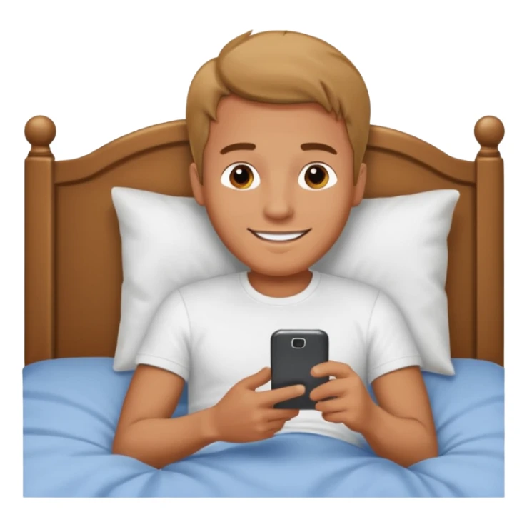Man emoji lying in bed smiling and looking at his phone sticker
