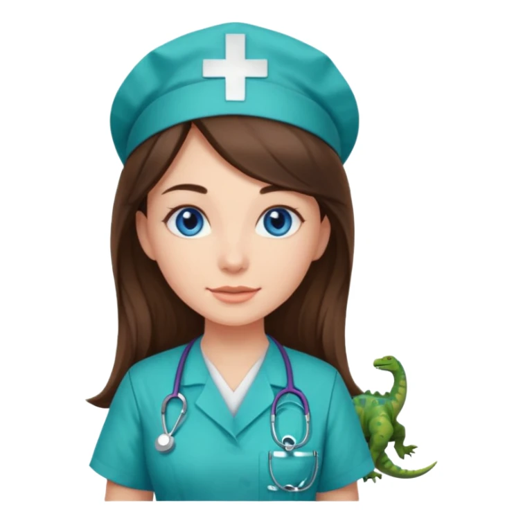 pretty brunette nurse with long hair and blue eyes in dinosaur pattern scrubs sticker
