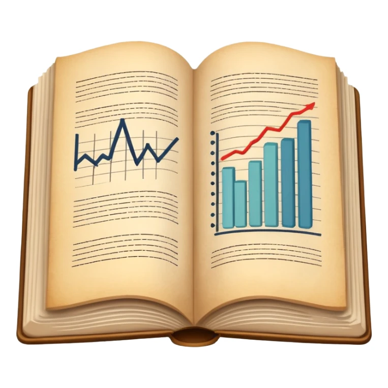 An open book or a stack of books in a simplified form, next to abstract graphs and lines, the image is calm and academic. sticker