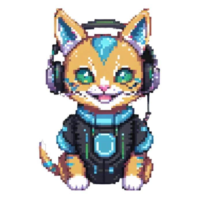 a smiling cybercat wearing headphones sticker