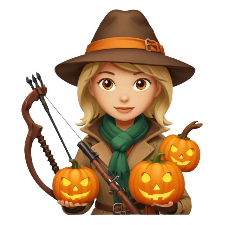 female human monster hunter emoji, wearing brown coat and hat, holding crossbow, soft smile, scarf, glowing pumpkin by her side, Halloween fantasy style, clean vector Apple emoji look, bright colors, white background, square sticker