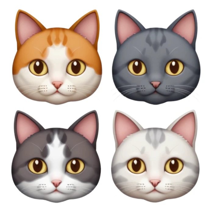 4 different coloured short haired cats including; a dark brown and white cat, and a dark grey and white  sticker