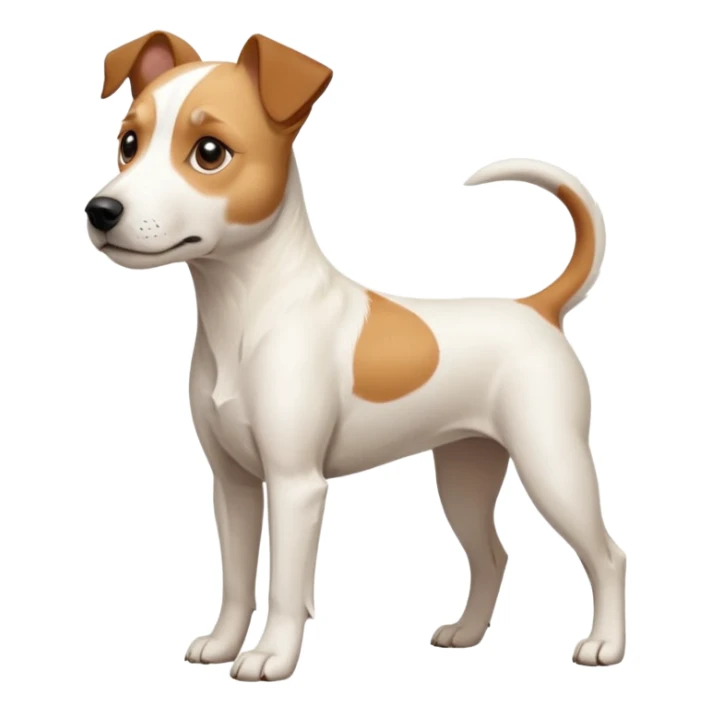 a full body facing front on of a buff white parson russell terrier looking dog the size of a kelpie with light brown long ears resting on its face and a light brown patch above one eye and a large snout. the rest of the dog is completely white.  sticker