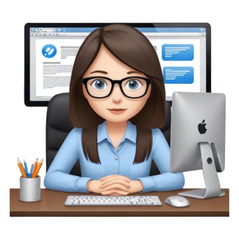 donna occhi azzurri con occhiali, capelli media lunghezza lisci, davanti al pc alla sua scrivania. è una grafica editoriale e redattrice sticker