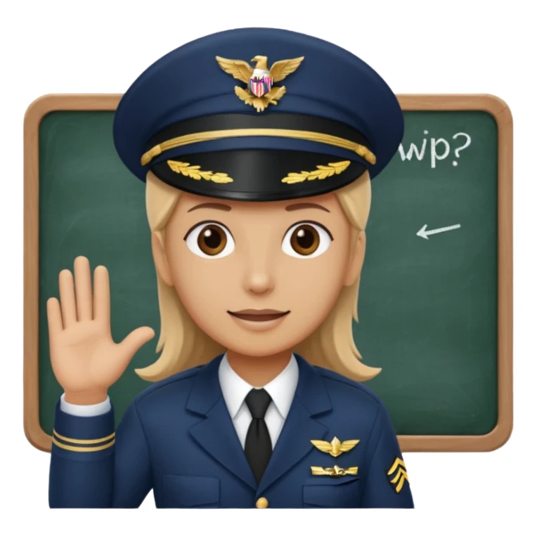 Slack-style emoji of a pilot wearing a navy captain hat holding a blackboard with the text "WIP" on it sticker