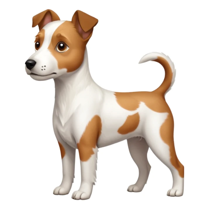 a full body large white parson russell terrier looking dog the size of a kelpie with light brown big ears and a light brown patch on one eye and a large snout sticker