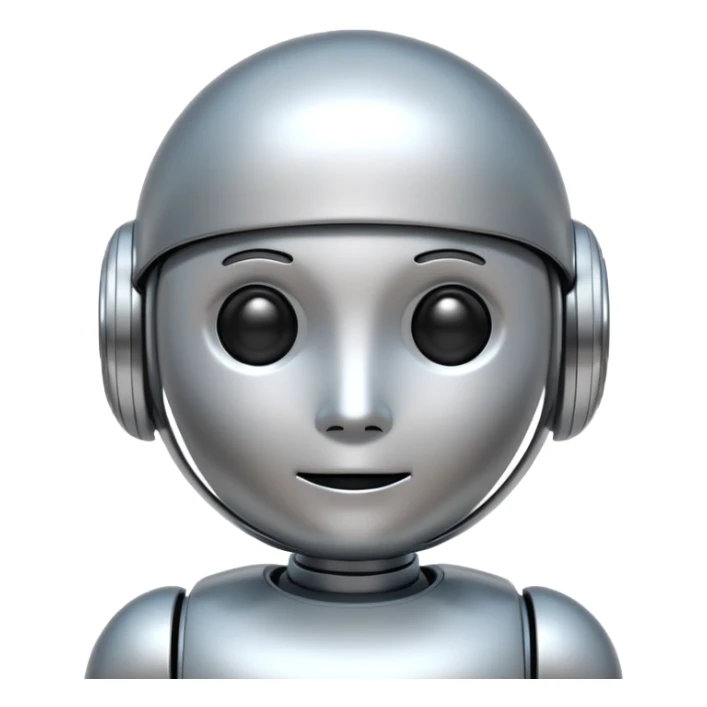 A cute futuristic robot emoji made of silver chrome, rounded friendly body, minimal facial features, glossy metallic surface, soft reflections, iOS emoji style, centered, clean white background sticker