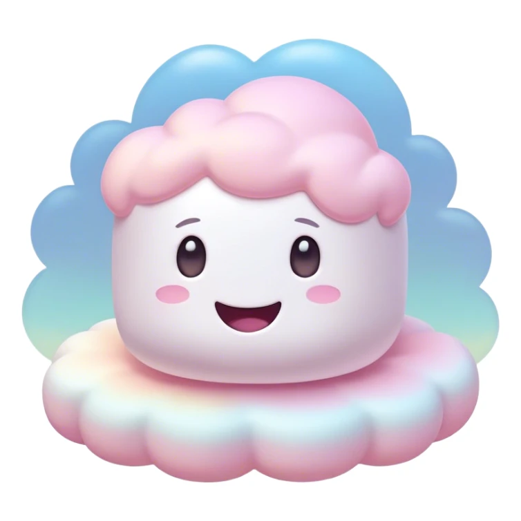 Cinematic fluffy pastel marshmallow character, soft round edges, tiny sparkly eyes, a small happy smile, glowing warmly, floating in a dreamy soft sky. sticker
