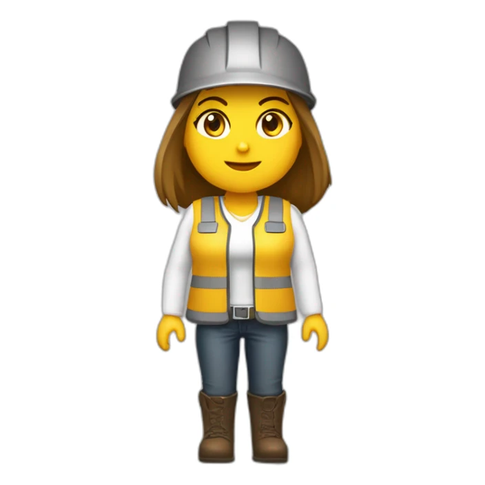 Mujer con casco obra conpletamente blanco pelo lacio castaño oscuro chaleco de obra amarillo fosforito y camisa blanca sticker