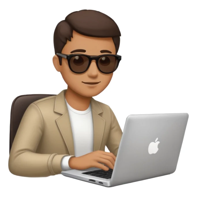 man in sunglasses typing on a laptop with a coffee cup beside him sticker