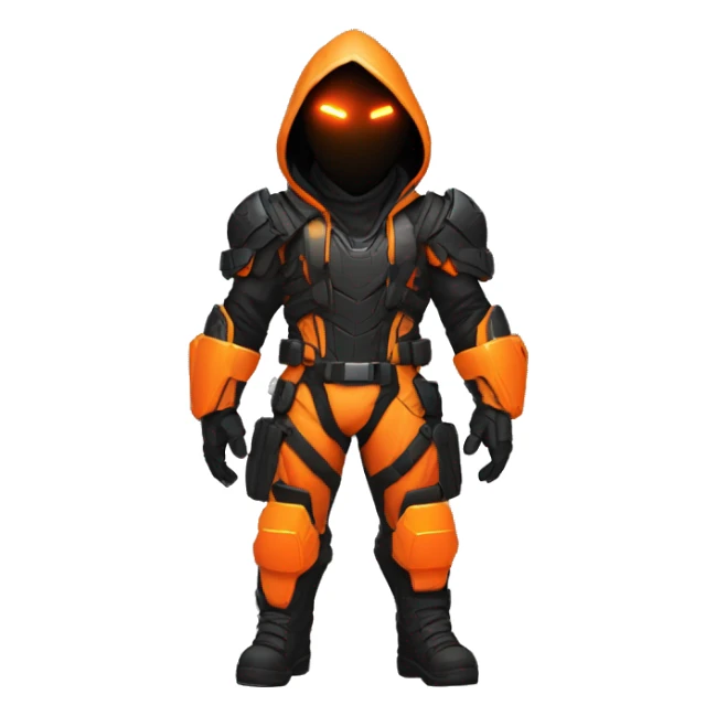  developer behind his laptop with this style : crysis Cyberpunk Valorant orange glowing bright orange character orange black hooded assassin themed character sticker