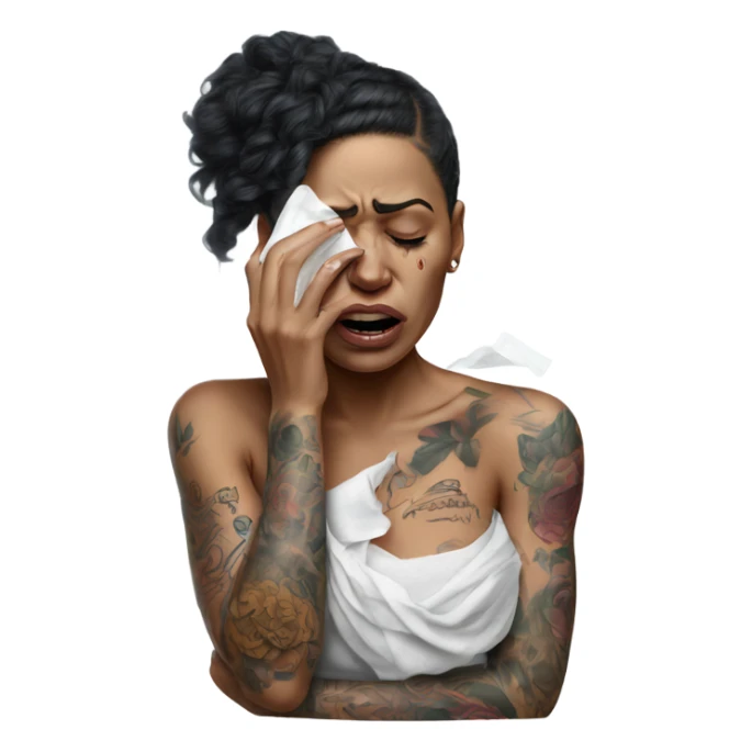 Hyper Realistic Beautiful tattooed woman crying holding a tissue   sticker
