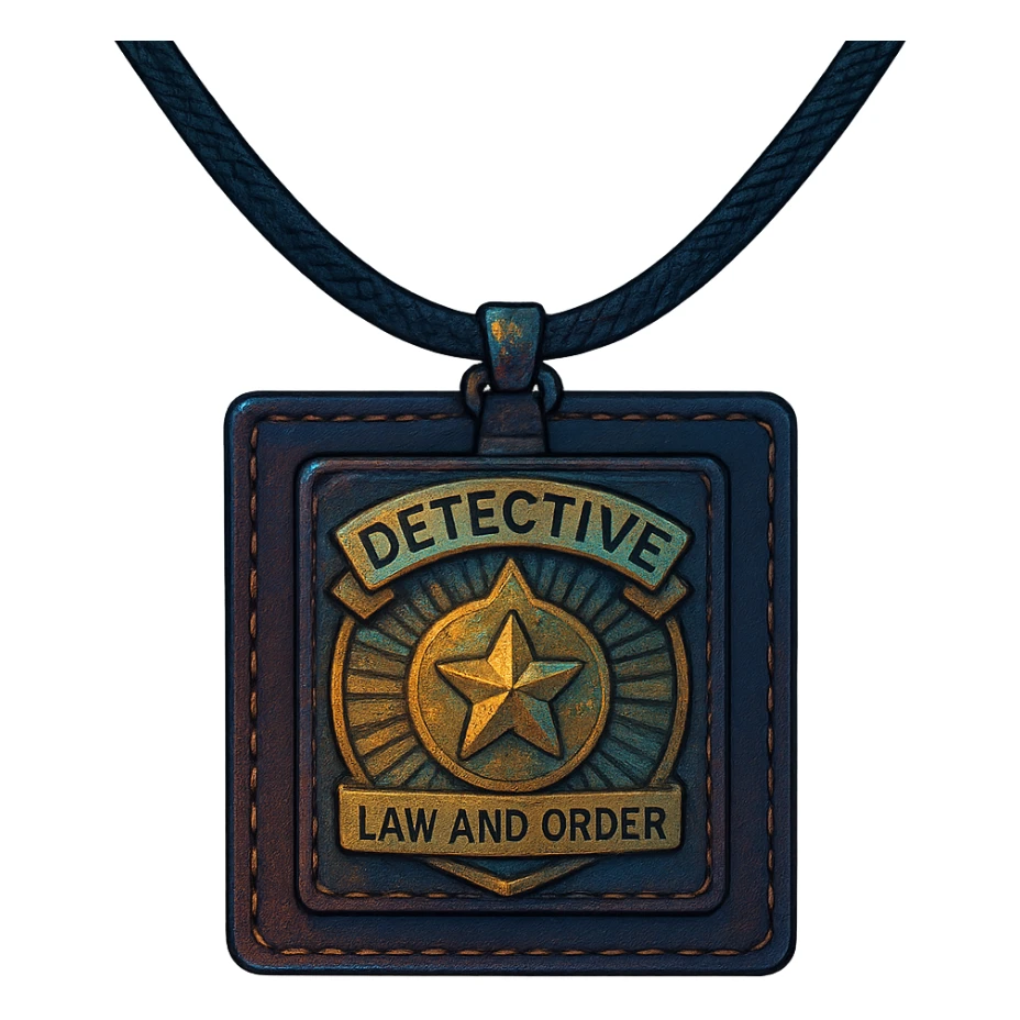 a detective badge, law and order. cyberpunk futuristic, square leather neck worn sticker