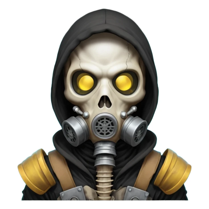 skeleton wearing a gas mask portrait, head and shoulders only, visible rib cage bones, cracked skull, dark hood, glowing eyes inside the mask, post-apocalyptic vibe, dramatic lighting, 3D cartoon, mobile game icon style, clean background, no text, no watermark
 sticker