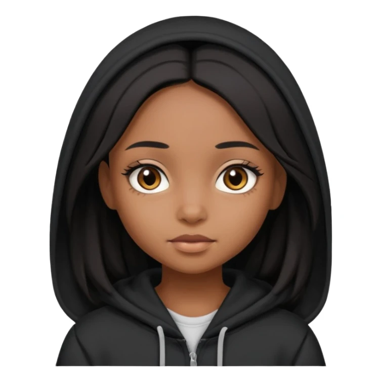  Brown skin girl , who has staight medium length black hair without bangs , brown eyes , and doll like makeup , in a black hoodie. sticker