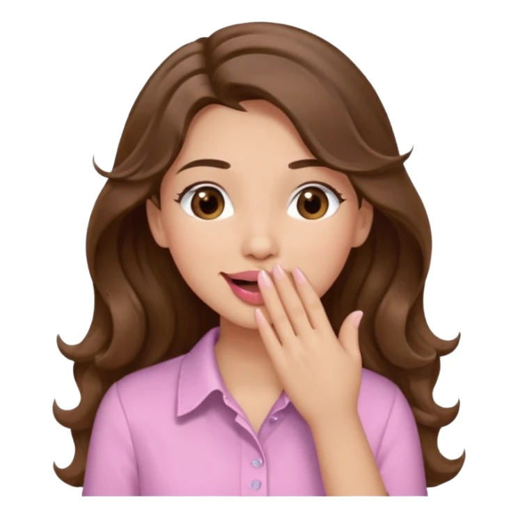 girl with wavy long brown hair, brown eyes, light to medium complexion, long lashes, light pink lipstick, wearing light pink shirt, sexy, gigling hand covering mouth sticker