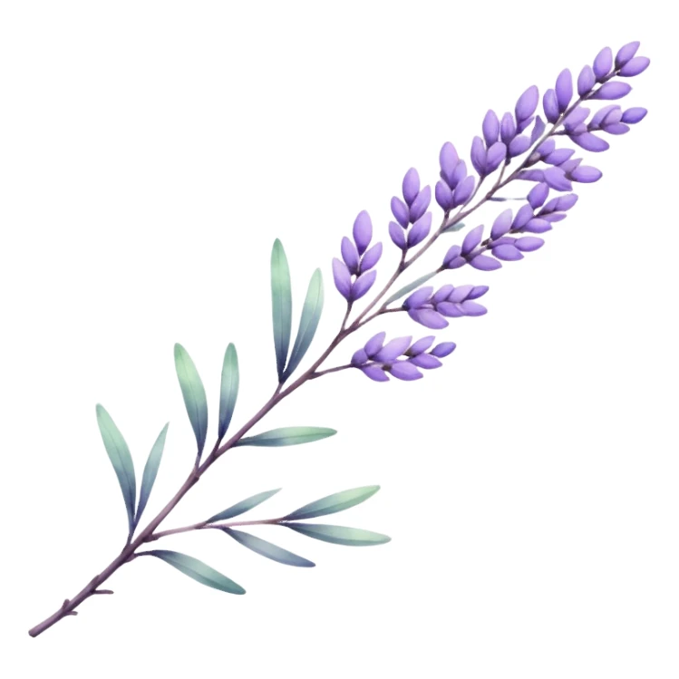 The art style is clean line art with delicate watercolor textures, pastel colors, and a dominant palette of lavender, soft lilac, and muted purple. Let the branch be more elongated and one sticker