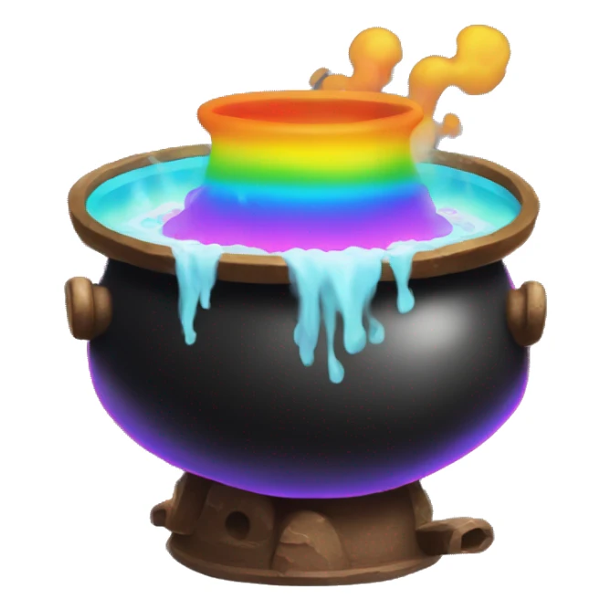 black Cauldron with rainbow potion and white steam, under the kettle are fire sticker