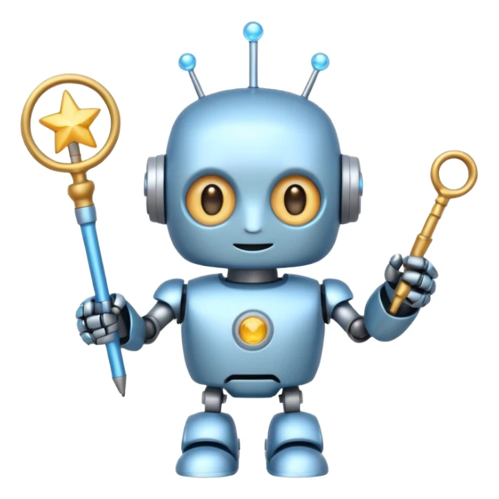 A cute robot is holding a magic wand, magic, emoji sticker