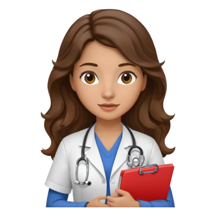 make a brunette nurse with long brown wavy hair and brown eyes holding a clipboard. she should also have a stethoscope around her neck. sticker