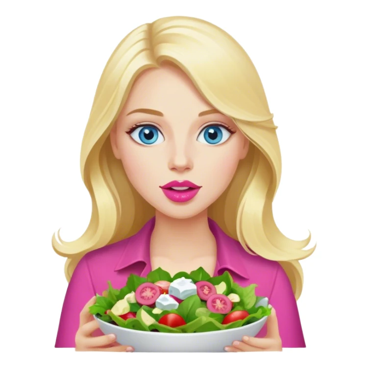 Cinematic realistic blonde with long hair, blue eyes and pink lips eats salad sticker