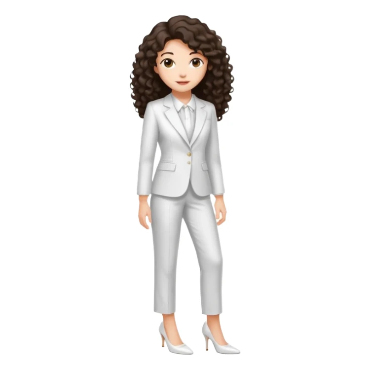 Chica joven con una sonrisa suave con cabello largo rizado y oscuro, piel clara, vestida con un traje blanco elegante y tacones bajos blancos sticker