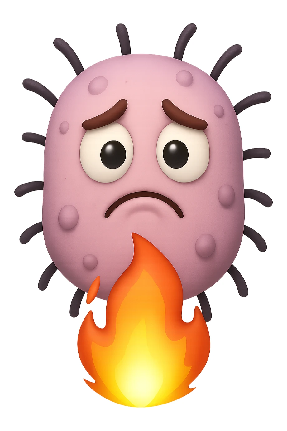 EMOJI STILE IPHONE 3D DI BATTERI INTESTINALI 3D CON ESPRESSIONE TRISTE  IN VOLTO MENTRE SOTTO DI LORO BRUCIA UNA FIAMMA, FAGLI ANCHE LA PARTE BIANCA DEGLI OCCHI, NON SOLO LA PUPILLA sticker