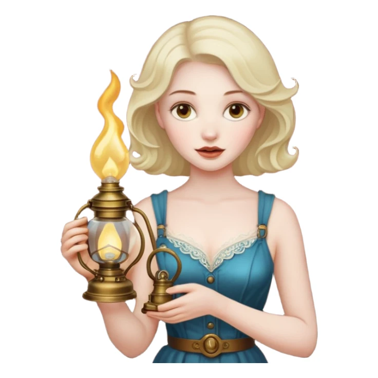 holding vintage gas lamp, female sticker