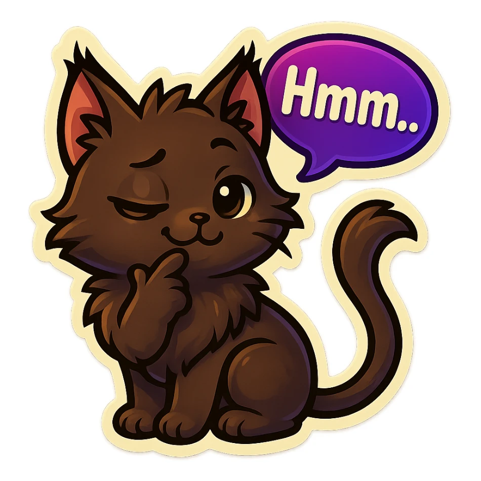 a dark-brown fluffy cute kawaii anime cat with tufted ears and a long thin tufted tail, thinking, smirking thoughtfully, saying “Hmm..” with a purple speech bubble sticker