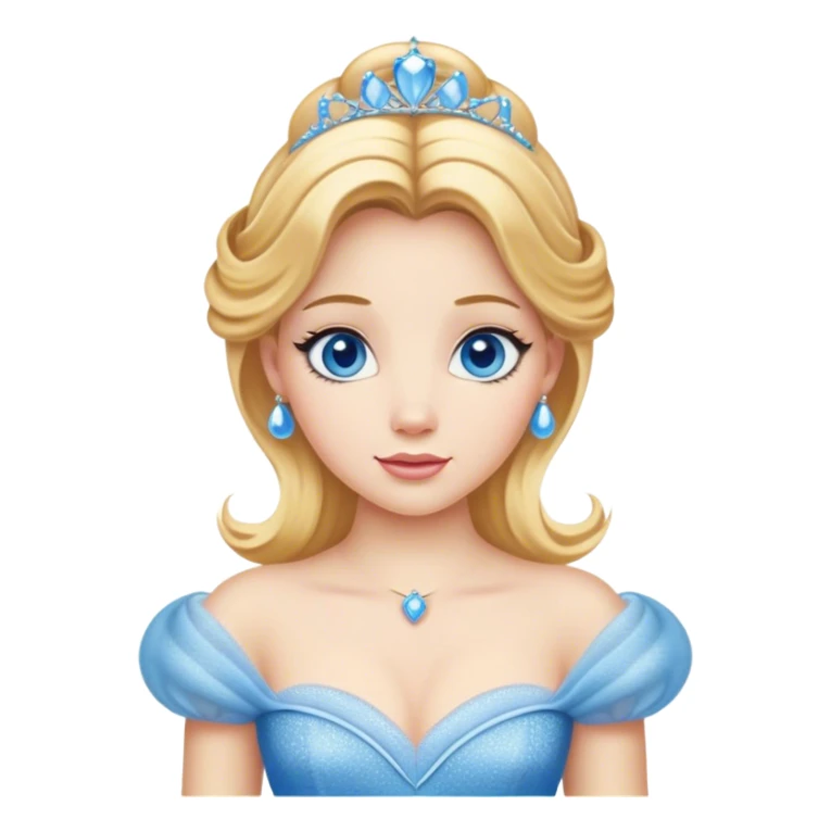 Cinematic Realistic Comical Cinderella Portrait, with every detail rendered realistically—from the soft, smooth texture of her fair skin to her artfully styled golden-blonde hair. Her bright blue eyes are wide with playful disbelief, and her expression carries a touch of whimsical humor while retaining elegant poise. Her classic ball gown, detailed with rich fabric textures and natural shadows, catches the light in a way that blends refined beauty with a hint of cheeky mischief, creating a striking, lifelike portrayal. sticker