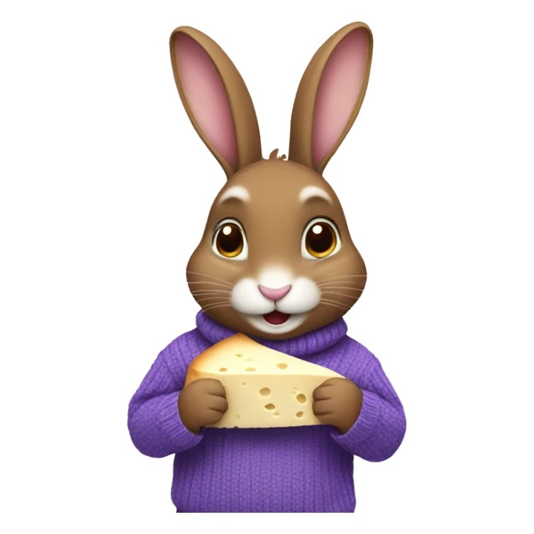 Cute rabbit: a brown rabbit wearing a purple sweater . Eating a gorgonzola cheese sticker