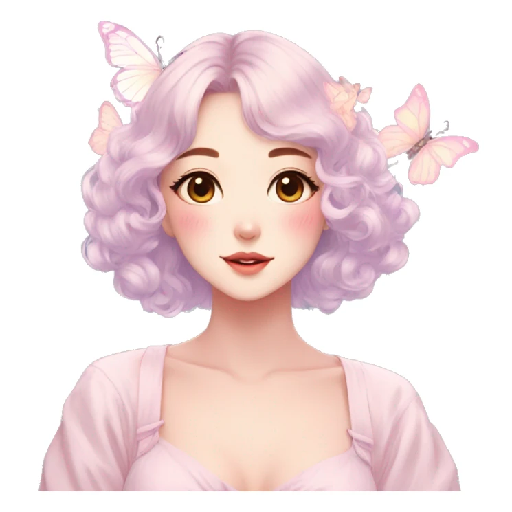 Gorgeous pastel anime style lady with blushing face and butterflies aesthetic trending style sticker