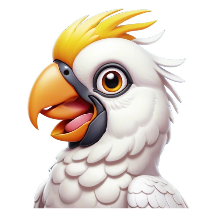 Cinematic Comical Cockatoo Portrait Emoji, Head tilted dramatically with an exaggeratedly shocked expression, featuring a striking, crest-adorned head with wide, comically expressive eyes full of playful disbelief and a vibrant, animated beak, Simplified yet hilariously expressive features, highly detailed, glowing with a slightly sassy tropical glow, high shine, dramatic yet playful, stylized with an air of cheeky avian mischief, soft glowing outline, capturing the essence of a meme-worthy cockatoo that looks ready to squawk its way into viral fame! sticker