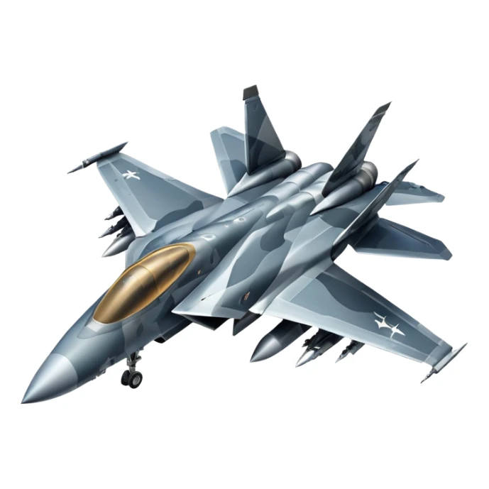 Draw a modern fighter jet with sharp wings, camo design & missiles mounted. sticker
