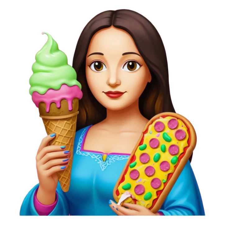 pop art neon Monalisa holding Melted spam meat ice cream pizza slice sticker