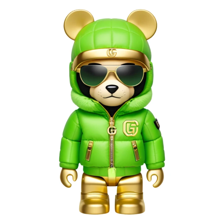 blocky bearbrick figure with cube-shaped head, lime green balaclava with integrated mirrored visor lens, Gucci logo patterned puffer jacket with lavish fur collar and cuffs, luxury statement piece, gold chains sticker